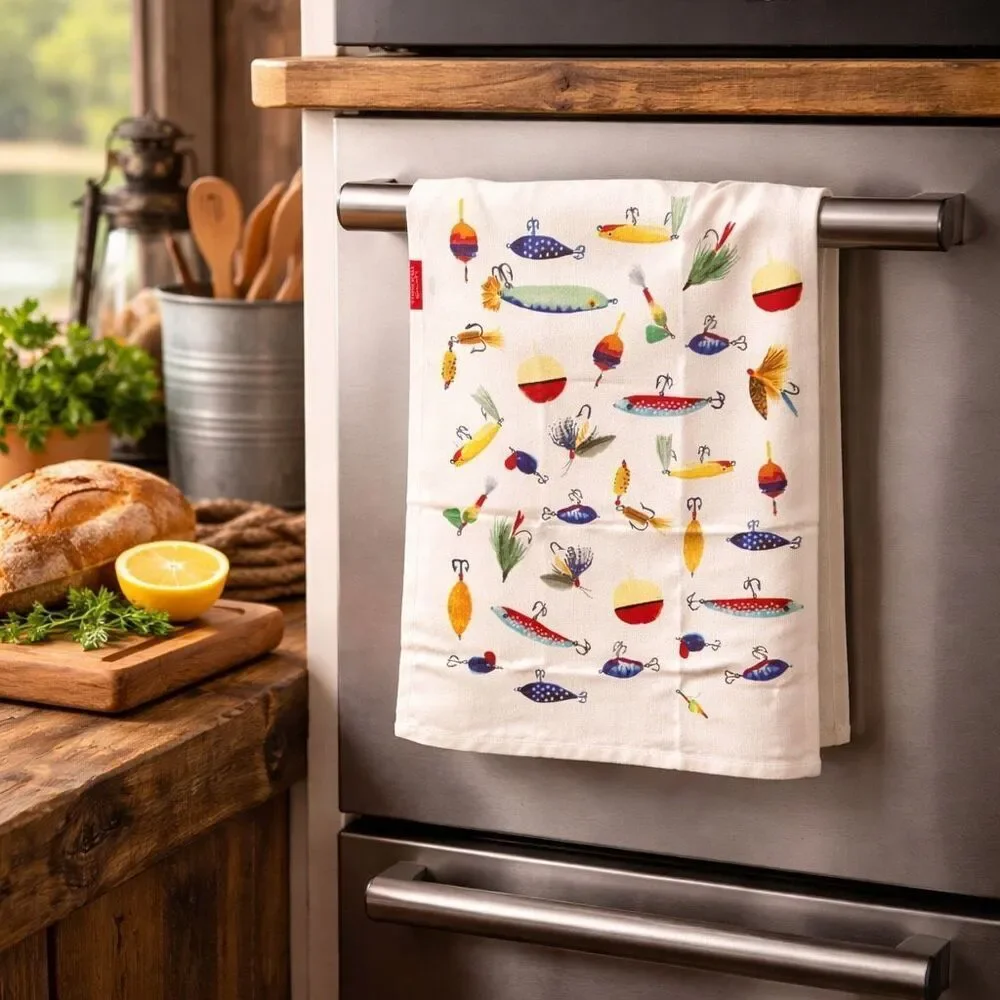Stonewall Kitchen Fishing Lures Tea Towel NWT Cotton Lodge Cabin Kitchen Decor